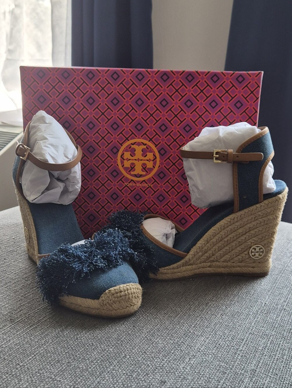 Tory Burch Navy Denim Fringe Espadrille Wedge Sandals